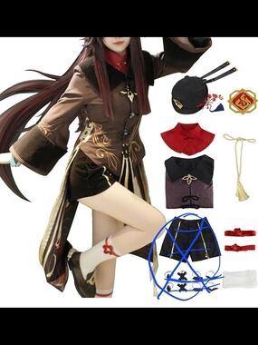 Hu Tao Cosplay Costume Halloween Outfit with Hat for Women